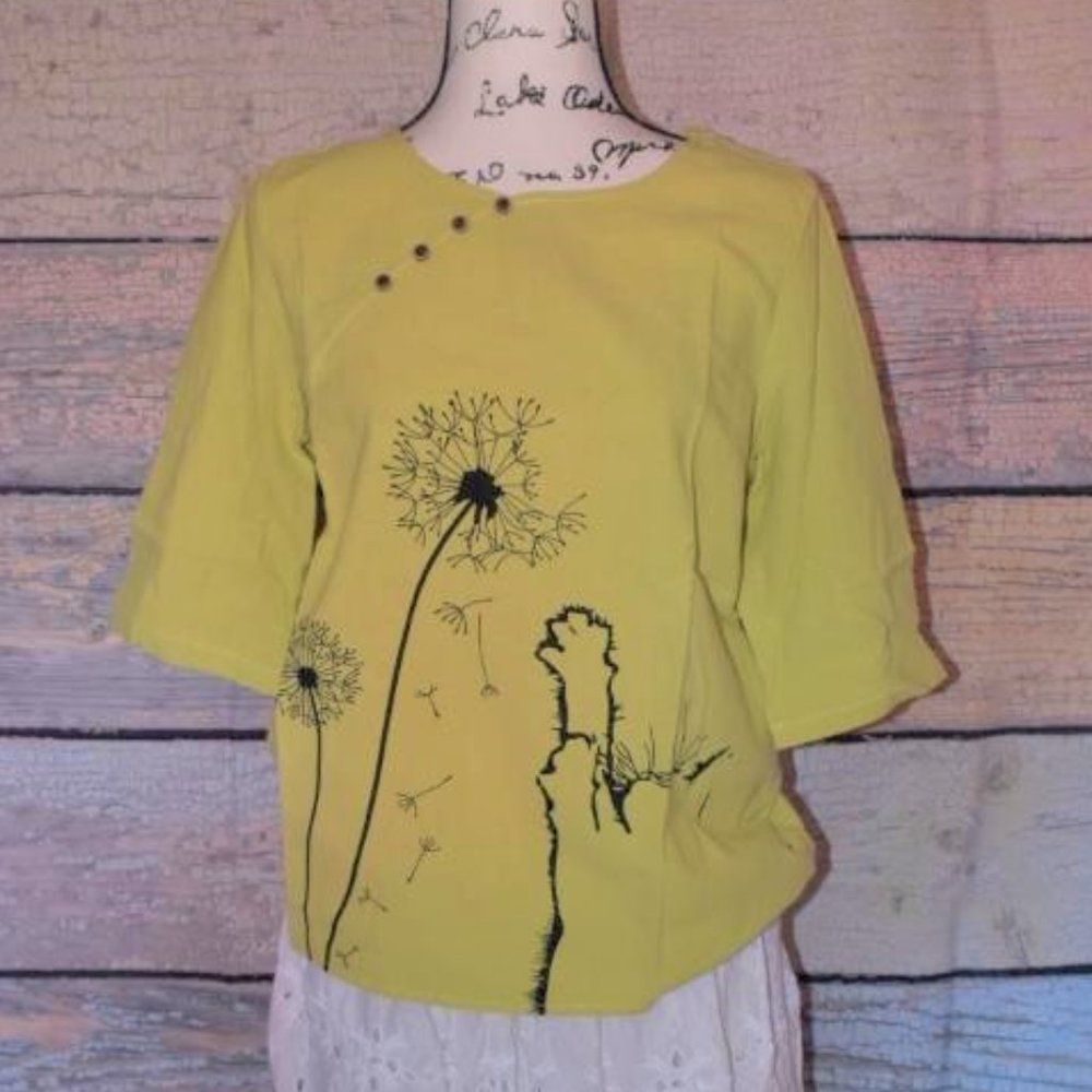 Half-Sleeve Cat & Dandelion Cotton Peasant Top Blouse Lime Green Fairy Gypsy